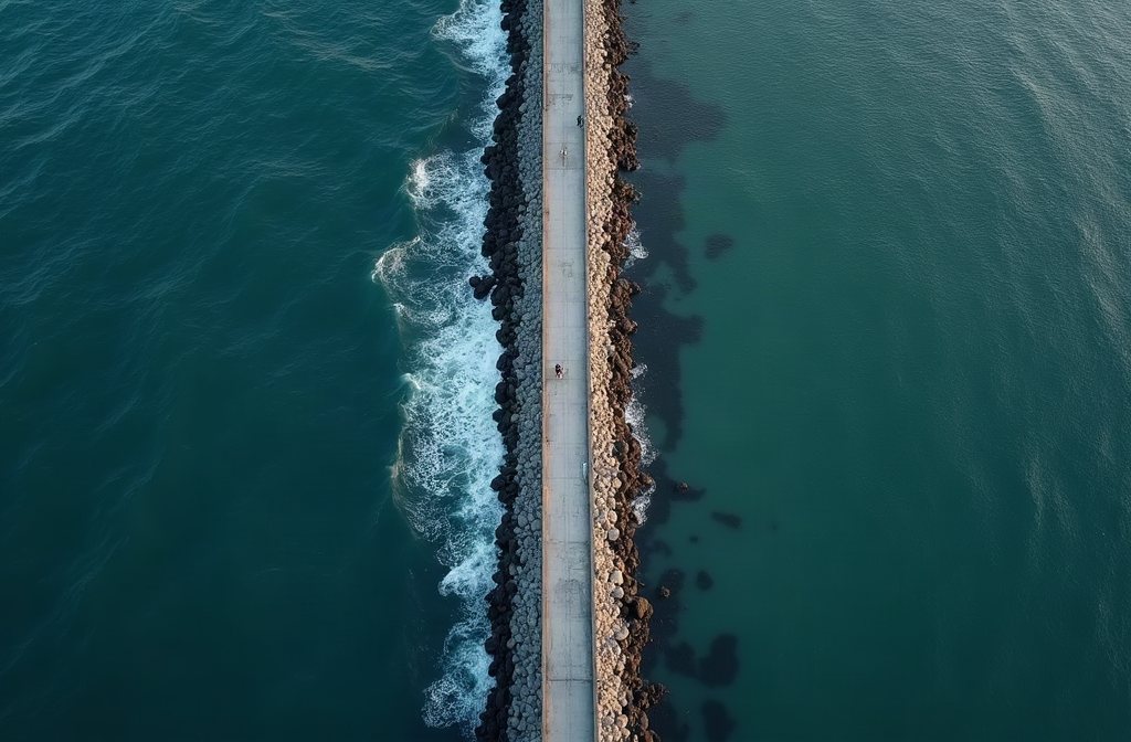 A breakwater from above: rough sea on one side, calm water on the other